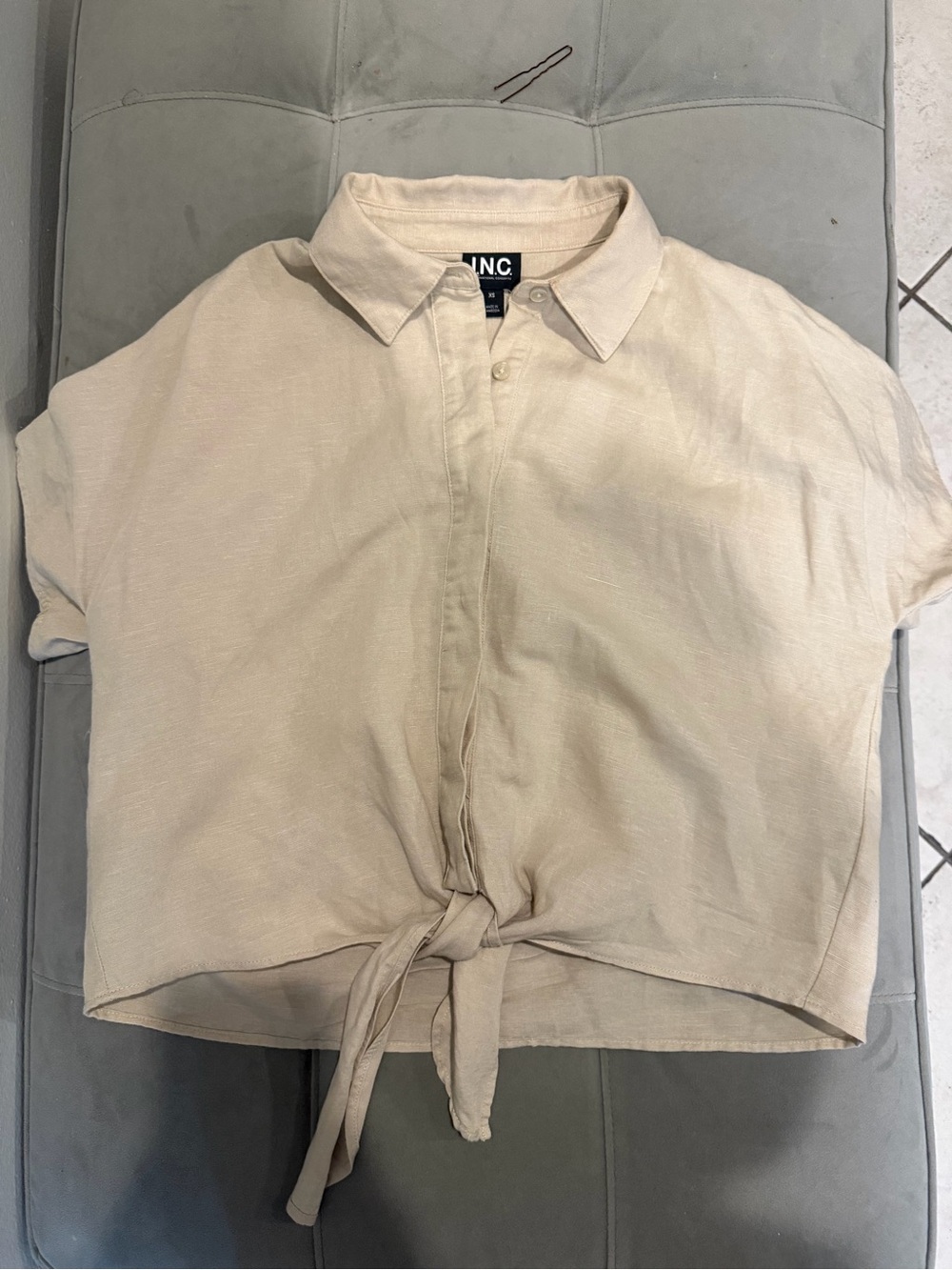 I.N.C. International Concepts Linen-Blend Tie-Hem Short-Sleeve Blouse